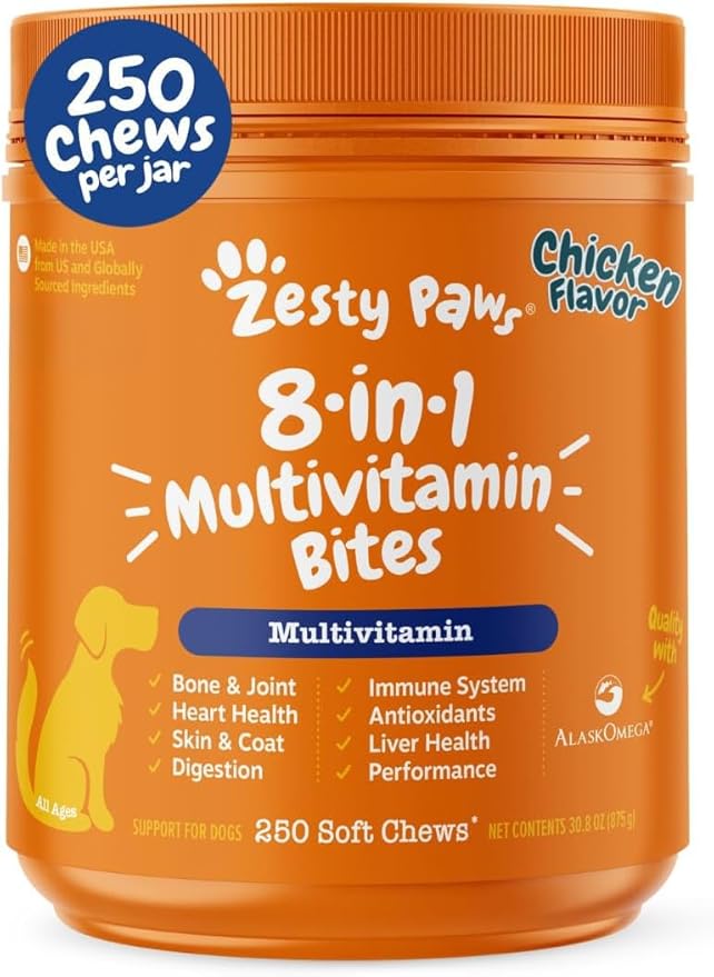 Zesty Paws Multivitamin Soft Chews for Dogs | Daily 8-in-1 Nutritional Supplement | Chicken Flavor