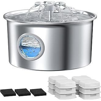 Stainless Steel Cat Water Fountain | 74 oz (2.2L) Automatic Pet Water Fountain with 6 Filters & 6 Pump Sponges | Ultra-Quiet Water Dispenser for Cats & Small Dogs