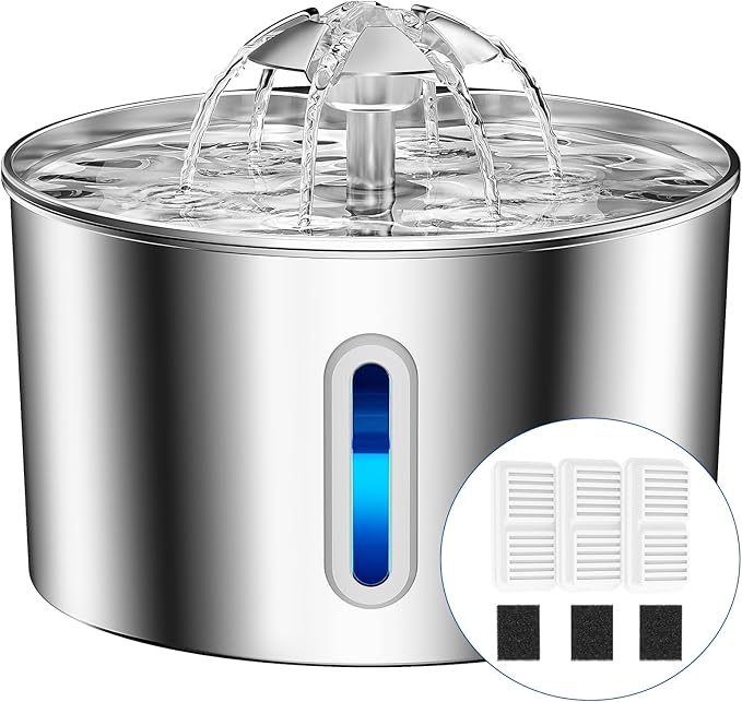 Stainless Steel Cat Water Fountain | 74 oz (2.2L) Automatic Pet Water Fountain with 6 Filters & 6 Pump Sponges | Ultra-Quiet Water Dispenser for Cats & Small Dogs