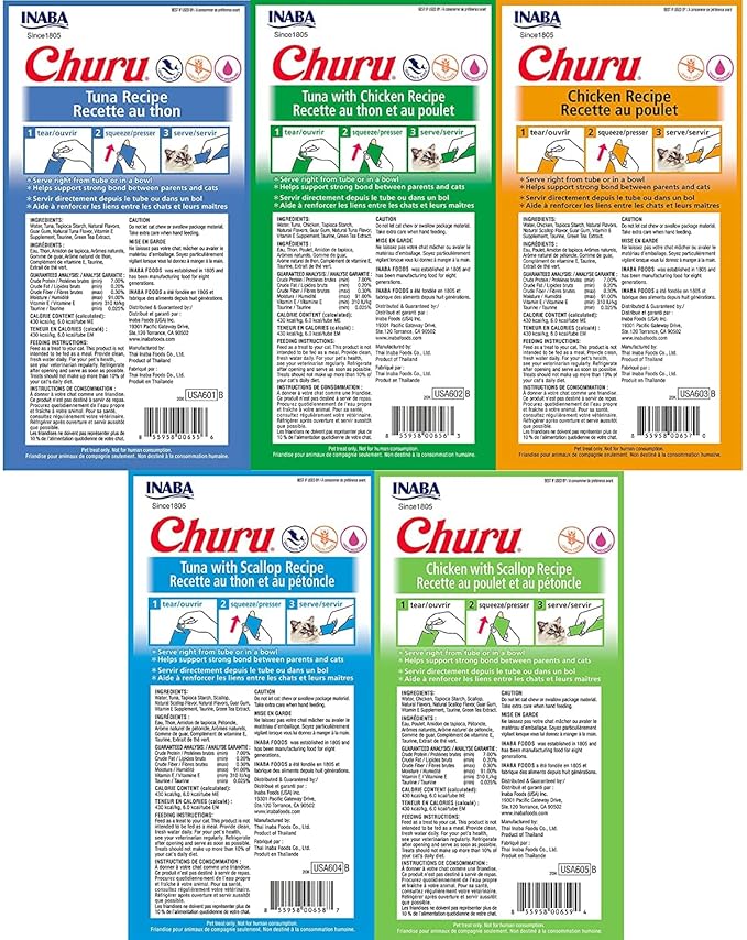 INABA Churu Grain-Free Lickable Cat Treats | Creamy Purée Cat Treats with Farm-Raised Chicken & Wild Tuna | High-Moisture Squeezable Treats