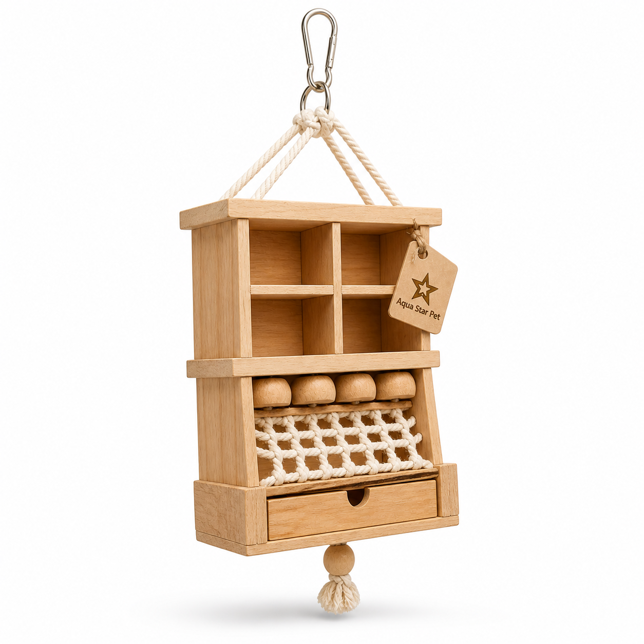 Aqua Star Pet Wooden Foraging Bird Toy Hanging Cage Toy with Compartments & Rope for Parrots Budgies