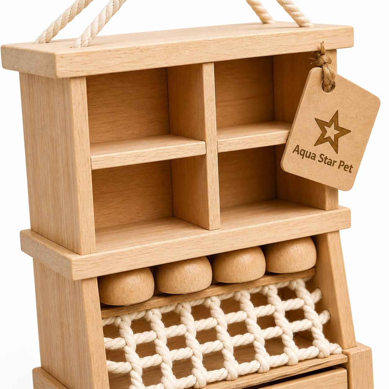 Aqua Star Pet Wooden Foraging Bird Toy Hanging Cage Toy with Compartments & Rope for Parrots Budgies