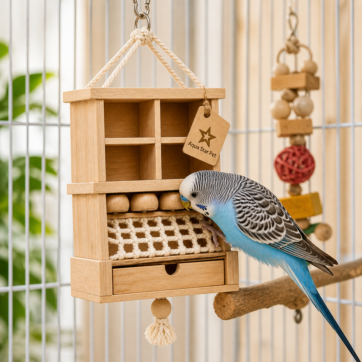 Aqua Star Pet Wooden Foraging Bird Toy Hanging Cage Toy with Compartments & Rope for Parrots Budgies