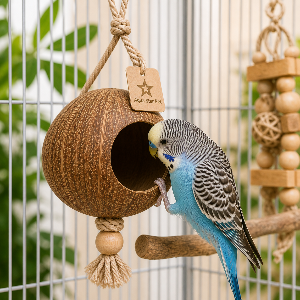 Aqua Star Pet Natural Coconut Shell Bird Toy Hanging Cage Toy for Parrots Budgies & Small Birds